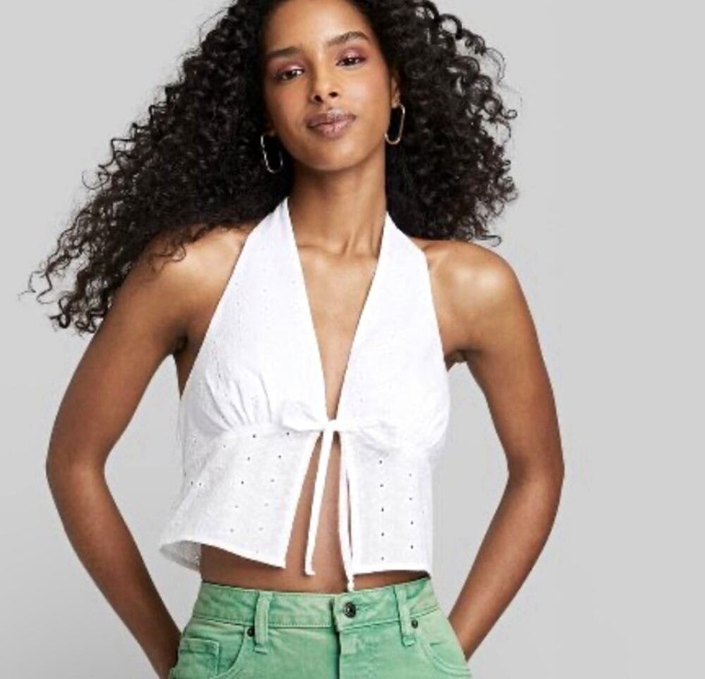 Wild Fable Women’s White Floral Eyelet Halter Tie Front Backless Crop Top 2XL